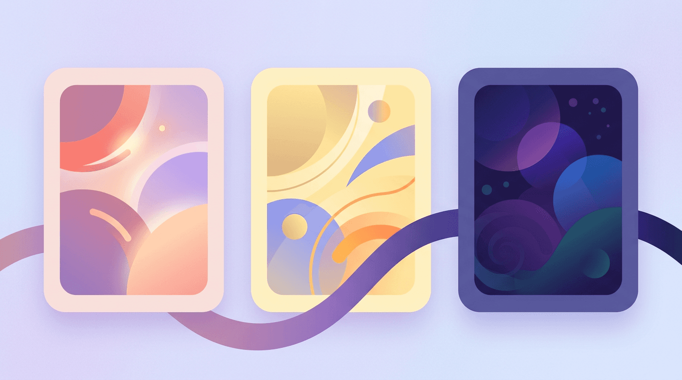 Abstract cards suggesting different story moods in purple blue palette